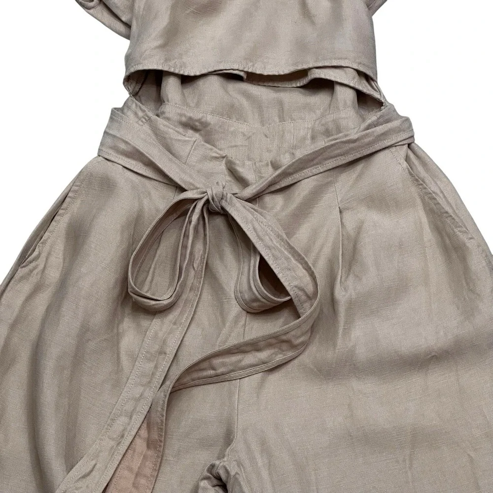 Wilfred Brax Jumpsuit Beige Size 8 Linen Blend Wide Legs Wrap Front Tie Waist